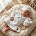 Komplet 3 cz  Sukienka + czapka włóczkowa + bolerko 56-86 biała