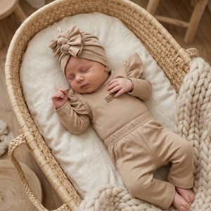 KAZUM 3cz piękny komplet body + spodnie dzwony + czapka 56-86 cappuccino vibe