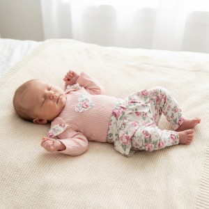 2 cz komplet body + legginsy ze spódniczką w kwiaty brudny róż 56-86