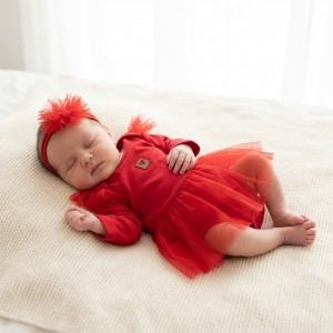 2 cz zestaw komplet bodosukienka sukienka długi rękaw tiulowa + opaska 56-86 czerwona