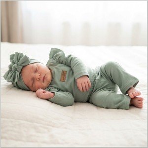 KAZUM 3cz piękny komplet body + spodnie dzwony + czapka 56-86  olive green