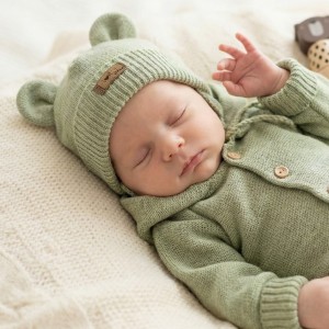 KAZUM Czapka niemowlęca włóczkowa wiązana z uszkami 56-86 olive green