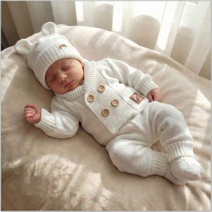 Włóczkowy 4 cz komplet niemowlęcy ze sweterkiem  56-68 biały 