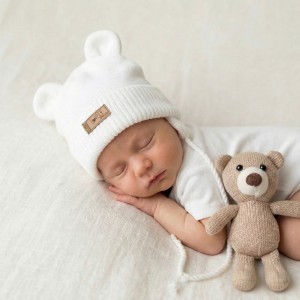 KAZUM Czapka niemowlęca włóczkowa wiązana z uszkami 56-86  coconut