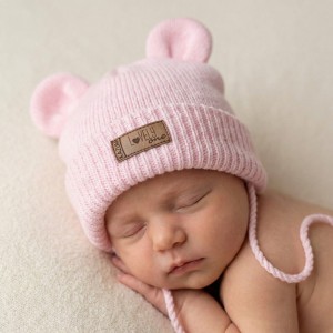 KAZUM Czapka niemowlęca włóczkowa wiązana z uszkami 56-86 pinky rose