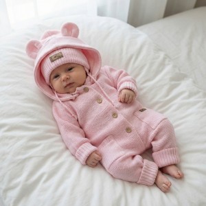 KAZUM Kombinezon włóczkowy wiosna jesień z odpinanym kapturem 56-86 pinky rose