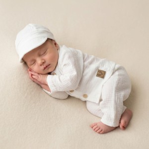 3cz muślinowy komplet elegancki z kaszkietem do chrztu 56-86 biały