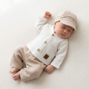 3cz muślinowy komplet elegancki z kaszkietem do chrztu 56-86 piaskowy