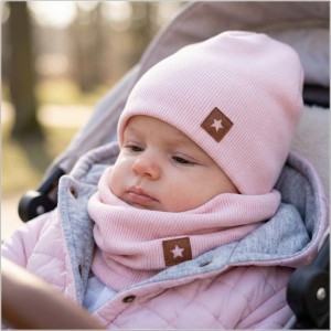 Czapka podwójna prążkowana niemowlęca + tuba rozmiar 56-110 brudny różowy