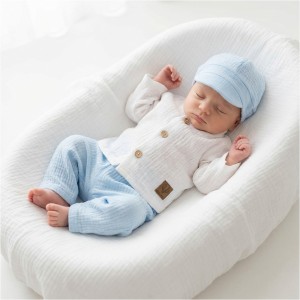 3cz muślinowy komplet elegancki z kaszkietem do chrztu 56-86 baby blue