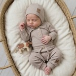 3 cz komplet body + spodnie + czapka 56-86 piaskowy beż 