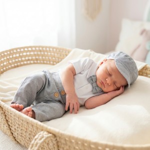 4-cz modny garniturek do chrztu na lato, komplet elegancki body z krótkim rękawem + spodnie z drewnianymi guzikami 56-86 szary