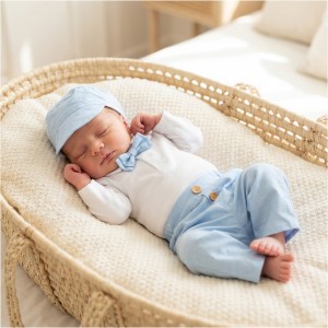 4-cz modny garniturek do chrztu , komplet elegancki   body  z długim rękawem + spodnie z drewnianymi guzikami 56-86 błękitny