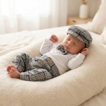 4-cz modny garniturek do chrztu , komplet elegancki  body  z długim rękawem + spodnie z drewnianymi guzikami 56-86 kratka