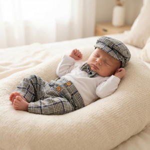 4-cz modny garniturek do chrztu , komplet elegancki  body  z długim rękawem + spodnie z drewnianymi guzikami 56-86 kratka