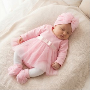 5 cz zestaw komplet Sukienka butki czapka opaska 56-86 różowa tiul