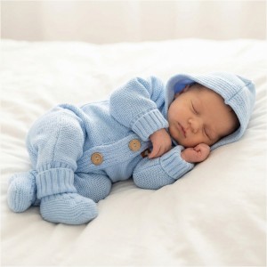 Kombinezon pajacyk z kapturem włóczkowy + buciki 56-86 niebieski