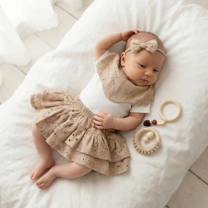 3cz zestaw komplet lato bloomersy + opaska + apaszka/kołnierzyk ażurowy 56-98 beżowy