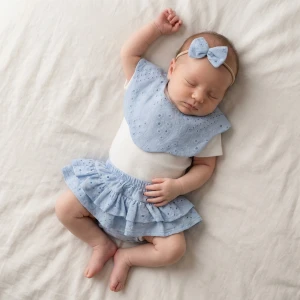 3cz zestaw komplet lato bloomersy + opaska + apaszka/kołnierzyk ażurowy 56-98 błękit