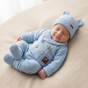 Włóczkowy 4 cz komplet niemowlęcy ze sweterkiem  56-68 błękitny
