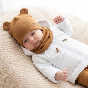 Czapka podwójna niemowlęca z uszkami+komin rozmiar 56-98 cynamonowa