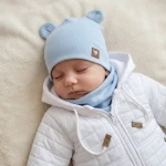 Czapka podwójna niemowlęca z uszkami+komin rozmiar 56-98 niebieskim