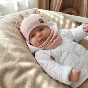 Czapka podwójna niemowlęca z uszkami+komin rozmiar 56-98 różowym