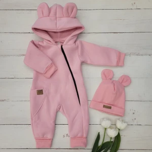 KAZUM Kombinezon z ocieplanej dresówki bez stóp + czapka blush 56-86 