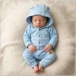 Bawełniany dresowy Kombinezon z kapturem pajac 56-92 błękitny z guzikami