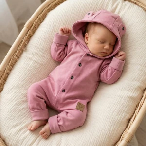 Bawełniany dresowy Kombinezon z kapturem pajac 56-86 różowy z guzikami 