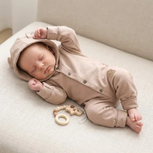 Bawełniany dresowy Kombinezon z kapturem pajac 56-86 brązowy z guzikami