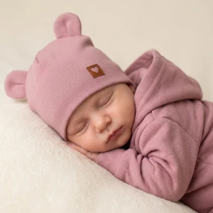 Czapka niemowlęca podwójna z uszkami elastyczna 56-98 wrzosowa 
