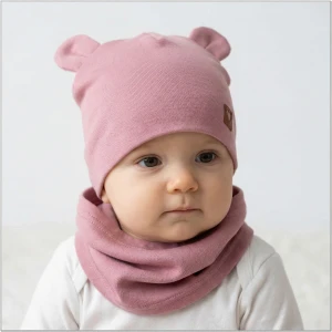 Czapka podwójna niemowlęca z uszkami+komin rozmiar 56-98 wrzosowa