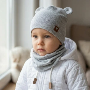 Czapka podwójna niemowlęca z uszkami+komin rozmiar 56-98 szara