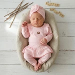 3cz KOMPLET body + legginsy ze spódniczką + opaska 56-86 różowy