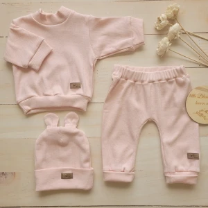 KAZUM 3 cz Prążkowany komplet bluza+spodnie+czapka 56-86 powder pink