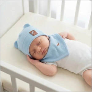 Czapka podwójna prążkowana niemowlęca z uszkami + apaszka rozmiar 56-98 błękitna