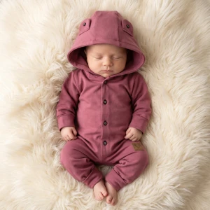 Bawełniany dresowy Kombinezon z kapturem pajac 56-86 brudny róż z guzikami