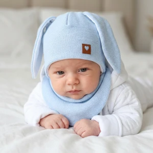 Komplet czapka niemowlęca wiązana włóczkowa z uszami królika+apaszka 56(38)-86(48) błękitna