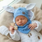 Komplet czapka niemowlęca wiązana włóczkowa z uszami królika+apaszka 56(38)-86(48) niebieska