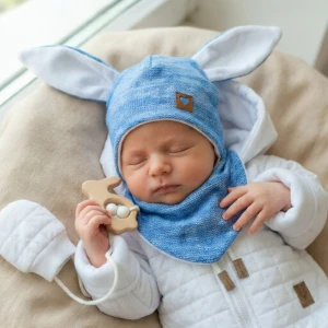 Komplet czapka niemowlęca wiązana włóczkowa z uszami królika+apaszka 56(38)-86(48) niebieska