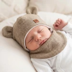 Komplet czapka niemowlęca wiązana włóczkowa z uszami misia+apaszka 56(38)-86(48) brązowa