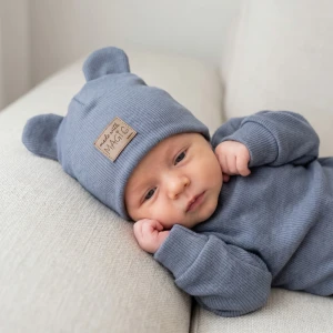 KAZUM Czapka podwójna prążkowana niemowlęca z uszami onyx rozmiar 56-86