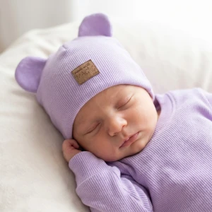 KAZUM Czapka podwójna prążkowana niemowlęca z uszami soft lilac jasny fiolet rozmiar 56-86