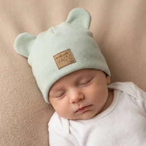 KAZUM Czapka podwójna prążkowana niemowlęca z uszami mint green rozmiar 56-86