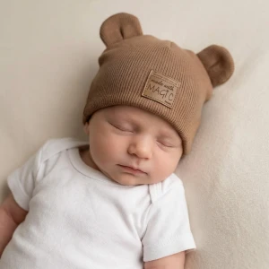 KAZUM Czapka podwójna prążkowana niemowlęca z uszami caffe mokka rozmiar 56-86