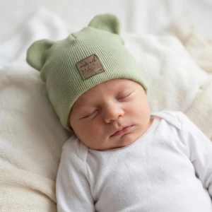 KAZUM Czapka podwójna prążkowana niemowlęca z uszami olive green rozmiar 56-86