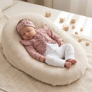 Nowoczesny elegancki pajacyk bawełniany z falbanką+opaska 56-62 brudny róż