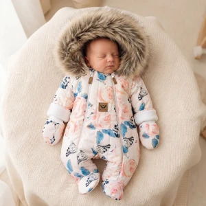 Kombinezon zimowy ocieplany kurtkowy kwiaty 56-86 z futerkiem brązowym  