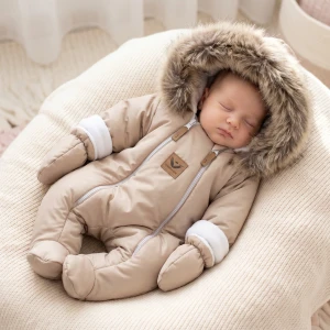 Kombinezon zimowy ocieplany kurtkowy beżowy 56-92 z futerkiem brązowym 